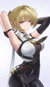1girl absurdres arm_strap armpits arms_up bare_shoulders black_pants blonde_hair breasts chinese_commentary commentary evelyn_chevalier highres large_breasts looking_at_viewer mole mole_under_eye necktie pants parted_lips purple_eyes shirt short_hair sleeveless sleeveless_shirt solo white_shirt yunmo_(znfc8352) zenless_zone_zero