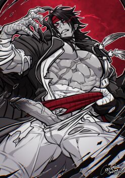 1boy abs artist_name bara claws clenched_teeth coat crescentia_fortuna cross_scar dated erection facial_scar feather_necklace fire_emblem fire_emblem:_path_of_radiance fire_emblem:_radiant_dawn fire_emblem_heroes full_moon glowing glowing_eyes headband highres jewelry looking_at_viewer male_focus moon multiple_scars muscular muscular_male necklace nintendo nipples open_clothes open_coat pants pectorals penis pointy_ears red_eyes red_headband red_moon red_theme scar scar_on_cheek scar_on_chest scar_on_face scar_on_nose scar_on_stomach teeth tibarn_(fire_emblem) torn_clothes torn_pants