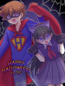 1boy 1girl 2025 :d animal_ear_hairband animal_ears animal_hands antenna_hair black_hair black_mask blue_shirt brown_eyes brown_hair cape cat_ear_hairband cat_ears collared_shirt colored_eyelashes commentary cowboy_shot double-parted_bangs english_commentary eye_mask fake_animal_ears gloves glowing glowing_eyes grey_pants hair_behind_ear hair_between_eyes hairband hands_up happy_halloween hero_(faraway)_(omori) hero_(omori) highres leaning_forward long_hair long_sleeves mari_(headspace)_(omori) mari_(omori) mask medium_skirt neckerchief official_alternate_costume omori open_mouth outline pants pleated_skirt purple_background purple_eyes purple_hairband purple_skirt purple_sweater_vest red_cape red_gloves red_neckerchief ryo_pen17 shaded_face shirt short_hair silk simple_background skirt smile spider_web standing straight_hair superhero_costume sweater_vest tongue twitter_username very_long_hair very_short_hair vignetting white_outline white_shirt