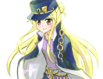 Rule 34 | 1girl, arms behind back, backlighting, belt, blonde hair, blue coat, blue hat, capo665, chain, closed mouth, coat, commentary, commission, cosplay, dot nose, english commentary, floating clothes, floating hair, gold chain, hair bun, half updo, hat, jojo no kimyou na bouken, kin-iro mosaic, kujo jotaro (cosplay), kuujou joutarou, leaning forward, long hair, long sleeves, looking at viewer, multiple belts, name connection, open clothes, open coat, purple eyes, purple shirt, shirt, sidelocks, simple background, smile, solo, standing, upper body, very long hair, white background