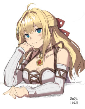 1girl ahoge bare_shoulders blonde_hair blue_eyes blush breasts brown_choker choker cleavage closed_mouth collarbone commentary_request dated detached_sleeves fiora_(xenoblade) hair_between_eyes hair_intakes highres long_hair long_sleeves medaman medium_breasts simple_background sketch smile solo upper_body white_background white_sleeves xenoblade_chronicles_(series) xenoblade_chronicles_3