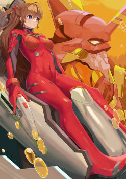 1girl :&lt; absurdres artist_request blue_eyes bodysuit breasts brown_hair eva_01 highres lcl lips long_hair looking_ahead mecha mecha_pilot_suit neon_genesis_evangelion plugsuit_(evangelion) robot sitting skin_tight souryuu_asuka_langley thighs vehicle_interior very_long_hair