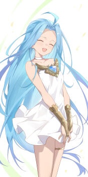 1girl ^_^ absurdres ahoge armor armored_dress bare_shoulders blonde_hair choker closed_eyes collarbone commentary cowboy_shot dress floating_clothes floating_hair granblue_fantasy highres long_hair lyria_(granblue_fantasy) open_mouth parted_bangs petite solo strap sukaliya thigh_strap thighs upper_body white_background white_choker white_dress