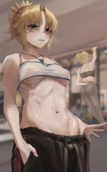 2girls abs absurdres artoria_pendragon_(fate) blonde_hair breasts covered_erect_nipples exercising fate/grand_order fate_(series) female_focus green_eyes highres jewelry medium_breasts midriff mookie_(e_mook9) mordred_(fate) mordred_(fate/apocrypha) mother_and_daughter multiple_girls navel necklace pants ponytail saber_(fate) see-through_clothes short_hair short_ponytail stomach sweat tank_top track_pants underboob