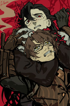 2boys absurdres ahoge baihuahua5441 black_coat blush brown_gloves brown_hair brown_vest clenched_teeth coat firefist_office_(identity)_(project_moon) gloves grabbing_another&#039;s_hair gregor_(project_moon) highres holding_another&#039;s_hair la_manchaland_(identity)_(project_moon) limbus_company long_sleeves male_focus meursault_(project_moon) multiple_boys parted_bangs project_moon red_background red_eyes shirt teeth vest white_shirt yellow_eyes