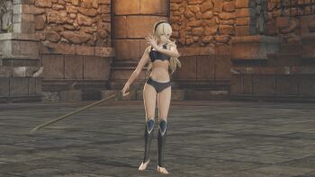 1girl 3d armor armpits bare_shoulders barefoot bra breasts broken_armor building cleavage collarbone female_corrin_(fire_emblem) feet female_focus fighting_pose fingernails fire_emblem fire_emblem_fates fire_emblem_warriors gameplay_mechanics hair_ornament hairband highres holding holding_sword holding_weapon legs long_hair medium_breasts midriff multicolored_underwear navel neck nintendo official_alternate_costume official_underwear outdoors pale_skin panties pointy_ears red_eyes serious silver_hair solo standing sword thighs tiptoes toenails toes underwear underwear_only weapon yato_(fire_emblem)