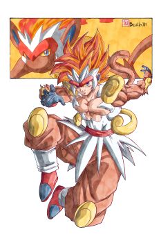 1boy absurdres beatlo_(rodrigo38658978) blue_eyes body_fur brown_fur brown_pants commentary dragon_ball english_commentary full_body gen_4_pokemon highres humanization infernape monkey_boy nintendo orange_hair pants pokemon red_hair topless_male white_fur white_hair yellow_eyes