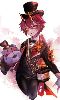 1boy absurdres black_bow black_bowtie black_vest bow bowtie chigiri_kurenai cowboy_shot cropped_legs demon_boy dog floral_print formal_clothes gloves glowing glowing_eyes gold_trim golden_rose gradient_horns hair_between_eyes hat highres horns identity_v looking_at_viewer male_focus multicolored_horns orange_eyes pants patterned_clothing raised_eyebrows red_hair striped_clothes striped_pants suit top_hat vertical-striped_clothes vertical-striped_pants vest victor_grantz victor_grantz_(keyboard) white_gloves wick_(identity_v)