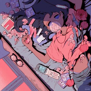 03moonmoonmoon 1girl black_hair blowing_bubble_gum blowing_bubbles cellphone chewing_gum chrysanthemum expressionless eyelashes flip_phone flower glasses highres indoors long_hair looking_at_viewer lying midriff navel on_back original phone pink_shirt shirt solo square unworn_eyewear white_flower window