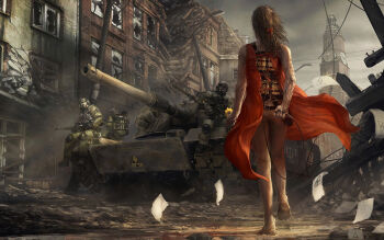 1girl 3boys armored_personnel_carrier armored_vehicle army ass bad_end barefoot bomb bow broken_glass brown_hair caterpillar_tracks clock clock_tower cloud cloudy_sky collateral_damage debris destruction detonator dirt dirty dirty_feet dress dynamite epic explosive flower flying_paper from_behind gas_mask glass gun hair_bow hair_ribbon hazmat_suit highres holding holding_flower imminent_suicide injury jpeg_artifacts lamppost long_hair marek_okon mask md5_mismatch military military_uniform military_vehicle motor_vehicle mud multiple_boys on_tank original outdoors panties paper post-apocalypse power_lines radiation radiation_symbol realistic red_dress resized resolution_mismatch ribbon rifle rubble ruins scar sitting sky soldier source_smaller suicide suicide_bomb surreal tank tattoo torn_clothes tower town underwear untied upscaled vehicle walking war weapon window