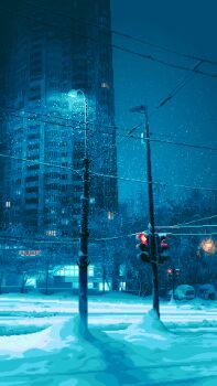 animated animated_gif bare_tree building car highres lamppost lantern motor_vehicle night no_humans original outdoors pixel_art power_lines sixveeceear skyscraper snow snowing traffic_light tree