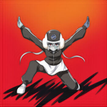 Rule 34 | 1girl, black helmet, black jacket, black pants, breasts, colored skin, grey hair, grey skin, helmet, jacket, konno junko, long hair, looking at viewer, low twintails, medium breasts, on one knee, pants, red background, red eyes, shoes, skirt, smile, socks, stitched face, stitches, superhero costume, t jiroo (ringofriend), track jacket, track pants, track suit, twintails, uwabaki, white shoes, white skirt, white socks, zombie, zombie land saga