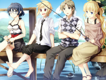 1boy 3girls :d alternate_costume androgynous argyle_clothes argyle_sweater_vest artist_request bare_shoulders barefoot black_bow black_necktie black_pants black_skirt blonde_hair blue_eyes blue_hair blue_sky bow brown_eyes brown_hair brown_skirt casual closed_mouth cloud collared_shirt cousins dock fishing fishing_rod game_cg glasses grey-framed_eyewear hair_bow hakamichi_shizune holding holding_fishing_rod katawa_shoujo long_hair long_sleeves multiple_girls nakai_hisao necktie non-web_source official_alternate_costume official_art open_mouth outdoors pants pants_rolled_up pink_shirt ponytail red_eyes reverse_trap rock satou_akira satou_lilly shirt short_hair short_sleeves siblings sisters sitting skirt sky smile striped_clothes striped_pants sweater_vest vertical-striped_clothes vertical-striped_pants water white_footwear white_shirt