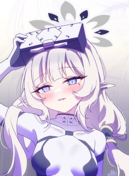 1girl arm_up artist_name blue_archive blush bodysuit breasts covered_collarbone earclip gradient_background grey_background grey_halo hair_tubes halo hand_on_headwear hashtag-only_commentary head-mounted_display highres himari_(blue_archive) himari_(bodysuit)_(blue_archive) long_hair looking_at_viewer miomio1568315 mole mole_under_eye official_alternate_costume parted_lips pointy_ears purple_eyes signature small_breasts smile solo upper_body white_bodysuit white_hair zoom_layer