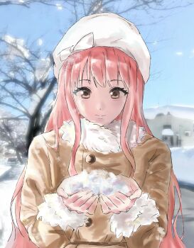 1girl absurdres bare_tree beret blue_sky bow brown_coat brown_eyes buttons chinese_commentary closed_mouth coat commentary_request day dot_nose downturned_eyes eyelashes fur-trimmed_coat fur-trimmed_sleeves fur_trim happy hat hat_bow highres holding house long_hair long_sidelocks long_sleeves looking_at_hands nikki_(nikki) nikki_(series) outdoors path photo_background pink_hair road sidelocks sky smile snow solo straight-on tree upper_body very_long_hair wavy_hair white_bow white_hat winter yazizi389