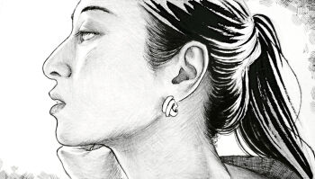 1girl commentary_request earrings erk_(vfae4358) eyelashes greyscale inktober jewelry long_hair monochrome original parted_lips ponytail portrait profile realistic solo traditional_media