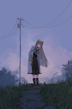 1girl absurdres arknights black_choker boots brown_boots brown_hair brown_skirt choker closed_mouth coat commentary elf english_commentary full_body highres knee_boots lab_coat long_hair long_sleeves looking_at_viewer mole mole_under_eye muelsyse_(arknights) myticalcat open_clothes open_coat outdoors plant pointy_ears power_lines sidelocks skirt smile solo split_mouth standing white_coat yellow_eyes