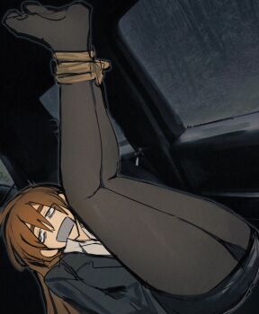 1girl absurdres aqinaaam black_pantyhose bound bound_legs bound_wrists brown_hair car_interior feet gag highres implied_kidnapping improvised_gag indoors kidnapped office_lady original pantyhose pencil_skirt shirt skirt tape tape_gag white_shirt yellow_eyes