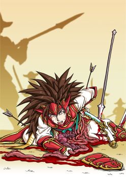 1boy 4others armor artist_request blood bow brown_hair defeat fighting fire_emblem fire_emblem_fates guro intestines male_gore multiple_boys multiple_others nintendo ryoma_(fire_emblem) ryona soldier weapon