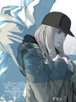 Rule 34 | 1boy, 1girl, 5tatsu, artist name, baseball cap, black hat, blonde hair, ethan winters, father's day, father and daughter, grey eyes, hat, hood, hood down, hooded jacket, hug, hug from behind, jacket, parted bangs, parted lips, resident evil, resident evil village, rosemary winters, short hair, upper body