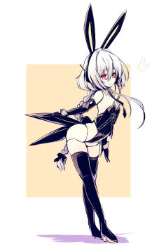 1girl animal_ear_hairband animal_ears antennae black_boots black_gloves black_leotard black_necktie black_ribbon boots braid breasts cleavage commentary_request detached_collar doll_joints elbow_gloves fake_animal_ears gloves hair_between_eyes hairband headphones high_heel_boots high_heels highleg highleg_leotard highres hisui_(syarute) joints leotard loli long_hair long_sidelocks looking_at_viewer necktie nontraditional_playboy_bunny original playboy_bunny rabbit_ear_hairband rabbit_ears red_eyes ribbon robot_girl sidelocks simple_background single_braid small_breasts solo strapless strapless_leotard thigh_boots two-tone_background white_background wrist_cuffs yellow_background