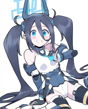 Rule 34 | 1girl, aris (armed) (blue archive), aris (blue archive), black hair, black thighhighs, blue archive, blue eyes, blue gloves, blue halo, blue necktie, blush, commentary request, elbow gloves, gloves, grin, hair between eyes, hair ornament, halo, hypericum (mppv1862), leotard, long hair, long hair between eyes, looking at viewer, mecha musume, mechanical gloves, necktie, rectangular halo, sitting, smile, solo, thighhighs, twintails, very long hair, wariza, white leotard