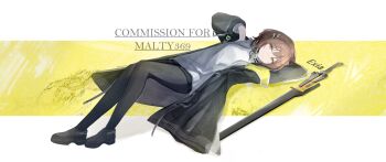 Rule 34 | 1girl, absurdres, arknights, arknights: endfield, arm behind head, black coat, black pantyhose, black shoes, black shorts, brown eyes, brown hair, closed eyes, coat, commentary, commission, endministrator (arknights), english commentary, female endministrator (arknights), highres, looking at viewer, pantyhose, shirt, shoes, short hair, short shorts, shorts, smile, solo, turtleneck, turtleneck shirt, vincentime, white shirt