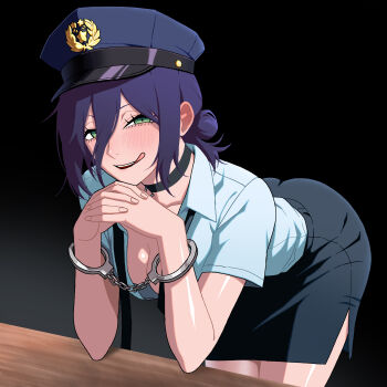 1girl absurdres bent_over black_choker black_skirt blush breasts chainsaw_man choker collared_shirt cuffs green_eyes hair_between_eyes hair_bun handcuffs hat highres looking_at_viewer medium_breasts police police_hat police_uniform policewoman purple_hair reze_(chainsaw_man) rezelover25 shirt skirt solo table tongue tongue_out white_shirt