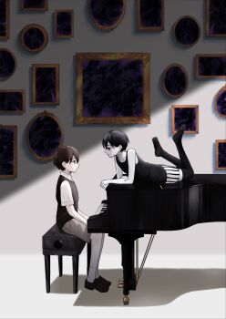 Rule 34 | 2boys, absurdres, black eyes, black hair, black sweater vest, black thighhighs, bright pupils, brown shorts, collarbone, collared shirt, colored skin, commentary request, dual persona, grand piano, highres, instrument, looking at another, lying, male focus, multiple boys, omori, omori (omori), on stomach, piano, piano bench, rami 1300, shirt, short sleeves, shorts, sitting, striped clothes, striped shorts, sunny (omori), sweater vest, thighhighs, vertical-striped clothes, vertical-striped shorts, watermark, white pupils, white shirt, white shorts, white skin