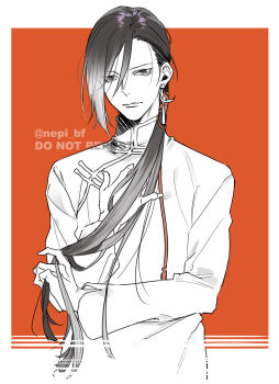 Rule 34 | 1boy, banana fish, bishounen, black hair, changpao, chinese clothes, closed mouth, commentary request, earrings, eyelashes, greyscale, greyscale with colored background, hair between eyes, hair over shoulder, hair ribbon, hand in own hair, highres, holding, holding own hair, jewelry, lee yue-lung, long hair, long sleeves, looking at viewer, low ponytail, male focus, mandarin collar, monochrome, ponytail, red background, red ribbon, ribbon, simple background, single earring, solo, twitter username, upper body, very long hair, watermark, ykmr (haga)