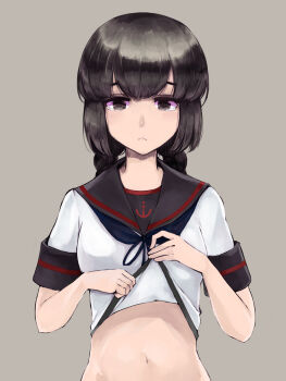 1girl black_eyes black_hair black_sailor_collar braid closed_mouth commentary_request disgust grey_background isonami_(kancolle) isonami_kai_ni_(kancolle) kantai_collection kurou_(bcrow) long_hair navel sailor_collar school_uniform serafuku short_sleeves sidelocks twin_braids