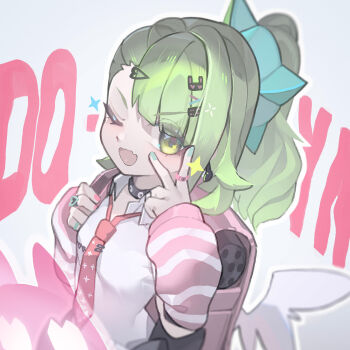 Rule 34 | 1girl, 2ho, aqua nails, bandaid, bandaid hair ornament, breasts, chinatsu remiel, collar, commentary, earrings, green eyes, green hair, grey background, hair ornament, heart, heart hair ornament, highres, jewelry, looking at viewer, multicolored nails, multiple hair clips, multiple rings, musical note earrings, necktie, one eye closed, open mouth, pink arm warmers, pink bag, pink nails, ponytail, red necktie, ring, shirt, simple background, small breasts, solo, sparkle, sparkling eyes, striped arm warmers, v, v-shaped eyebrows, v over eye, white shirt, white wings, winged bag, wings, zenless zone zero