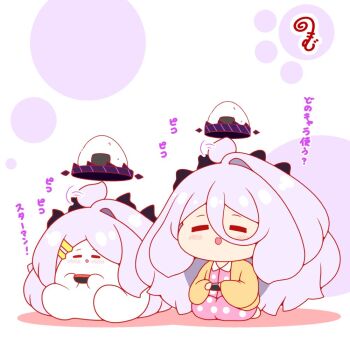 1girl :d blue_archive blush brown_jacket chibi closed_eyes collared_shirt colored_shadow commentary_request dress_shirt food grey_hair hair_between_eyes hair_ornament hairclip halo hina_(blue_archive) hina_(pajamas)_(blue_archive) holding horns jacket kirby_(series) kirby_air_ride kirby_air_riders kurukurumagical long_hair long_sleeves nintendo onigiri open_clothes open_jacket open_mouth parted_bangs pink_shirt pink_skirt seiza shadow shirt simple_background single_hair_intake sitting skirt smile translation_request very_long_hair white_background