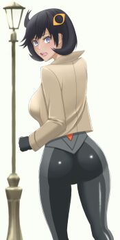 1girl ass black_hair bodysuit breasts dark-skinned_female dark_skin emma_(pokemon) fl0t3 gloves jacket large_breasts long_sleeves looking_back nintendo open_mouth pokemon pokemon_legends:_z-a short_hair teeth upper_teeth_only