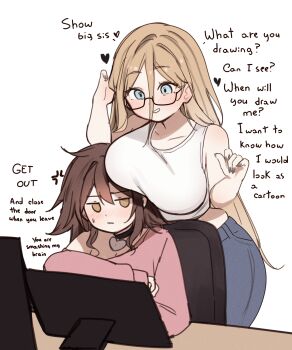 Rule 34 | absurdres, black-framed eyewear, black choker, black nails, blonde hair, blue eyes, breasts, brown eyes, brown hair, choker, commentary, drawing tablet, english commentary, english text, fingernails, glasses, heart, heart-shaped lock, heart choker, highres, huge breasts, indie virtual youtuber, long fingernails, long hair, pink shirt, shirt, single bare shoulder, sky above me, sky above me (vtuber), tank top, virtual youtuber, white tank top