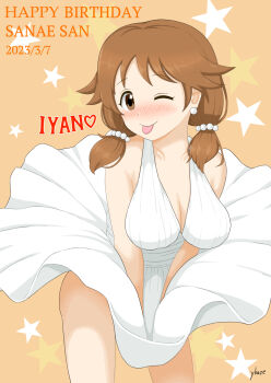 1girl :p artist_name bare_legs bare_shoulders blush breasts brown_eyes brown_hair cleavage cosplay dated dress dress_tug earrings english_text hair_bobbles hair_ornament halter_dress halterneck happy_birthday heart highres idolmaster idolmaster_cinderella_girls jewelry katagiri_sanae large_breasts looking_at_viewer low_twintails marilyn_monroe marilyn_monroe_(cosplay) one_eye_closed orange_background parody short_hair short_twintails solo spoken_heart standing star_(symbol) star_symbol_background the_seven-year_itch thighs tongue tongue_out twintails waikaze white_dress wind wind_lift