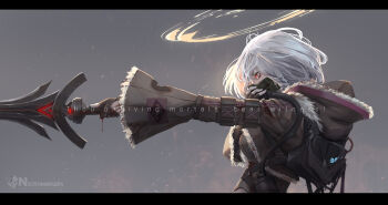 1girl absurdres arm_strap bleeding blood blood_drip blood_on_face chinese_commentary clothing_cutout coat command_&amp;_conquer command_&amp;_conquer:_red_alert command_&amp;_conquer:_red_alert_2 commentary cropped_jacket english_commentary fingerless_gloves fur-trimmed_coat fur_trim gloves glowing glowing_eyes halo hand_up highres hip_vent holding holding_mask holding_sword holding_weapon hood hood_down jacket letterboxed long_sleeves lu_(pixiv20967832) mask mixed-language_commentary open_clothes open_jacket original pointing_melee_weapon pointing_sword red_eyes respirator science_fiction short_hair solo sword torn_clothes torn_sleeves weapon white_hair