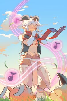 1boy 765_nanami absurdres aegiomon black_vest chest_jewel closed_eyes core_crystal_(xenoblade) digimon digimon_(creature) digimon_story:_time_stranger facial_mark gloves goat_boy grey_hair highres horns instrument koromon male_focus music no_shoes on_grass outdoors playing_instrument solo_focus tunomon vest white_gloves