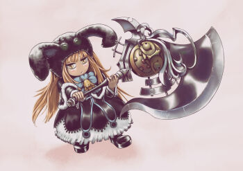 1girl :/ animal_ears animal_hat animal_hood artist_request axe battle_axe bell blonde_hair blush dress duel_monster ebon_magician_curran fake_animal_ears female_focus full_body hat holding holding_weapon hood huge_weapon open_mouth pointing pointing_forward rabbit_ears rabbit_hood ribbon simple_background solo weapon yellow_eyes yu-gi-oh!