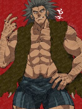 1boy abs back_hair bara bulge cowboy_shot erection erection_under_clothes facial_hair grey_hair hairy hand_up highres hunter_x_hunter large_pectorals long_sideburns looking_at_viewer male_focus mature_male medium_hair muscular muscular_male navel navel_hair pectoral_cleavage pectorals shirako_(kirupi) shorts sideburns sideburns_stubble smirk solo spiked_hair standing stomach stubble taut_clothes taut_shorts thick_arm_hair thick_chest_hair thick_eyebrows thick_thighs thighs too_many_watermarks uvogin very_hairy watermark