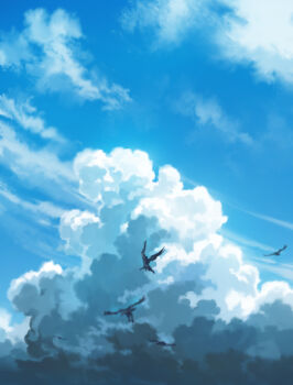 above_clouds bird blue_sky cloud cloudy_sky day flying highres karasu_(hageabura-jr) nature no_humans original outdoors painting_(medium) scenery sky traditional_media
