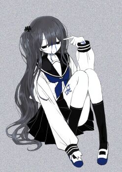 1girl absurdres bags_under_eyes black_eyes bleeding blood blood_on_face blue_blood blue_neckerchief blue_shoes blunt_bangs body_writing check_translation closed_mouth dot_mouth dot_nose empty_eyes greyscale hair_between_eyes hair_ornament half-closed_eyes hand_up highres injury knees_together_feet_apart long_hair long_sleeves looking_at_viewer monochrome multicolored_shoes neckerchief noroi_(rnatataki) original pleated_skirt pointing pointing_at_self rabbit_hair_ornament sailor_collar school_uniform self-harm serafuku shoes simple_background sitting skirt sleeves_past_wrists solo spot_color static translation_request two-tone_shoes uwabaki very_long_hair white_shoes wrist_cutting