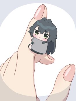 Rule 34 | 2girls, absurdres, blush, chibi, chibigurumi, close-up, coat, commentary request, fingernails, gakuen idolmaster, green hair, grey coat, hair flaps, hand focus, hanging, highres, idolmaster, long hair, looking at viewer, multiple girls, nagi kai, on finger, pov, pov hands, tsukimura temari, very long hair