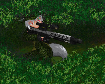 1girl alternate_costume alternate_weapon animal_ears bullpup bush camouflage colored_eyelashes dsr-1 female_focus fingerless_gloves gloves grass gun hat holding holding_gun holding_weapon inubashiri_momiji knee_up leaf looking_at_viewer looking_away mikichosu muzzle_device open_mouth red_eyes rifle scope sitting sniper sniper_rifle solo tail touhou trigger_discipline weapon white_hair wolf_ears wolf_tail