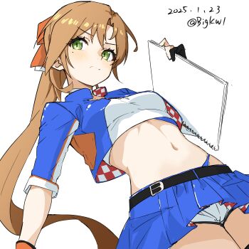 1girl absurdres akigumo_(kancolle) akigumo_kai_ni_(kancolle) akigumo_kai_ni_(race_queen)_(kancolle) artist_glove bandeau bigkwl blue_jacket blue_skirt brown_hair checkered_clothes cowboy_shot cropped_jacket dated from_below gloves green_eyes highres jacket kantai_collection long_hair midriff mole mole_under_eye navel official_alternate_costume partially_fingerless_gloves ponytail race_queen shorts shorts_under_skirt simple_background sketchbook skirt solo twitter_username two-tone_bandeau white_background white_bandeau white_shorts