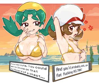 2girls alternate_costume anger_vein aqua_eyes aqua_hair arm_behind_head arm_up armpits bandana beach bikini bikini_tug breast_envy breasts brown_eyes brown_hair calamity33 cleavage commentary english_commentary english_text evening furrowed_brow gold_bikini green_eyes green_hair hand_to_own_mouth hand_up hat highres kris_(pokemon) large_breasts looking_at_another looking_to_the_side lyra_(pokemon) multiple_girls newsboy_cap nintendo nipple_slip nipples ocean orange_sky outdoors pokemon pokemon_gold/silver/crystal pokemon_heartgold_and_soulsilver sky small_breasts smile smug sun sunset sweat swimsuit twintails underboob upper_body video_game_dialogue_box white_hat yellow_hat