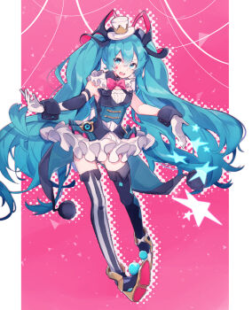 1girl aqua_eyes aqua_hair chuuko_anpu detached_sleeves dress facial_mark flat_chest full_body gloves hat hatsune_miku highres light_blush long_hair magical_mirai_(vocaloid) magical_mirai_miku magical_mirai_miku_(2019) open_mouth pink_background ribbon shoes skirt smile soles star_(symbol) star_facial_mark teeth thighhighs twintails upper_teeth_only very_long_hair vocaloid wrist_cuffs