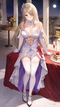 1girl absurdres animal_ears bare_shoulders black_gloves breasts brightlight brown_hair cake chinese_commentary cleavage commentary_request cow_ears dress elbow_gloves fingerless_gloves food full_body full_moon garter_straps gloves hair_over_one_eye high_heels highres honkai_(series) honkai_impact_3rd indoors large_breasts long_hair mole mole_under_eye moon night night_sky purple_eyes rita_rossweisse rita_rossweisse_(sweet_osmanthus) single_thighhigh sky smile solo table thighhighs very_long_hair white_dress white_garter_straps white_gloves white_thighhighs