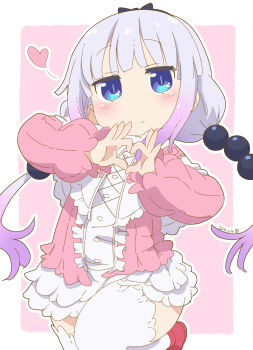 1girl beads blue_eyes blush center_frills closed_mouth commentary_request dated dress frills hair_beads hair_ornament heart heart_hands highres kanna_kamui kobayashi-san_chi_no_maidragon long_sleeves looking_at_viewer low_twintails outline purple_hair red_footwear samansa_ex short_dress slit_pupils solo sphere_hair_ornament thighhighs twintails white_outline white_thighhighs