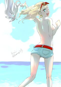 1girl ass backboob belt blonde_hair blue_eyes breasts commentary_request denim denim_shorts earrings eyewear_on_head floating_hair heart heart_earrings highres jewelry komugi_(mugiwaraclub) legs long_hair looking_at_viewer looking_back medium_breasts nail_polish ocean one_eye_closed open_mouth persona persona_5 persona_5_scramble:_the_phantom_strikers running shirt short_shorts shorts smile solo sunglasses takamaki_anne throwing topless_female twintails unworn_shirt water